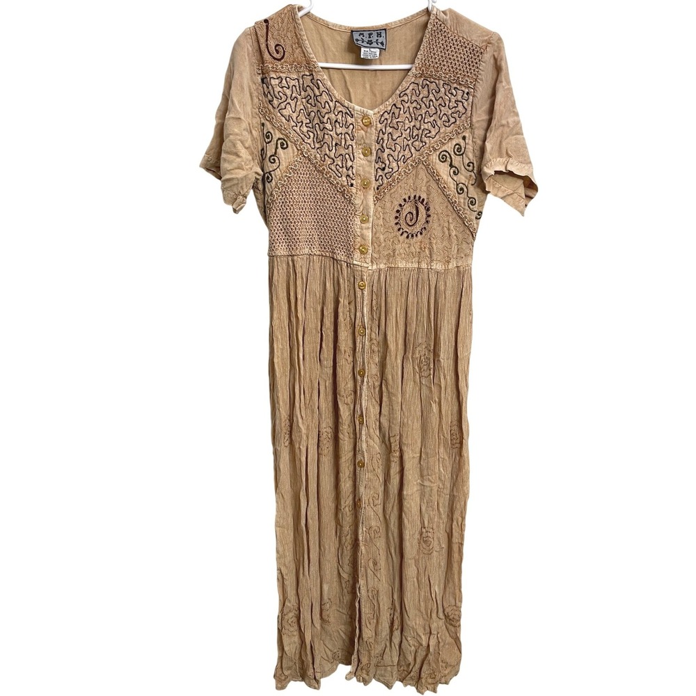 Vintage 90s MPH Embroidered Crinkle Gauze Maxi Dress Boho Hippie Artsy Ren Fair